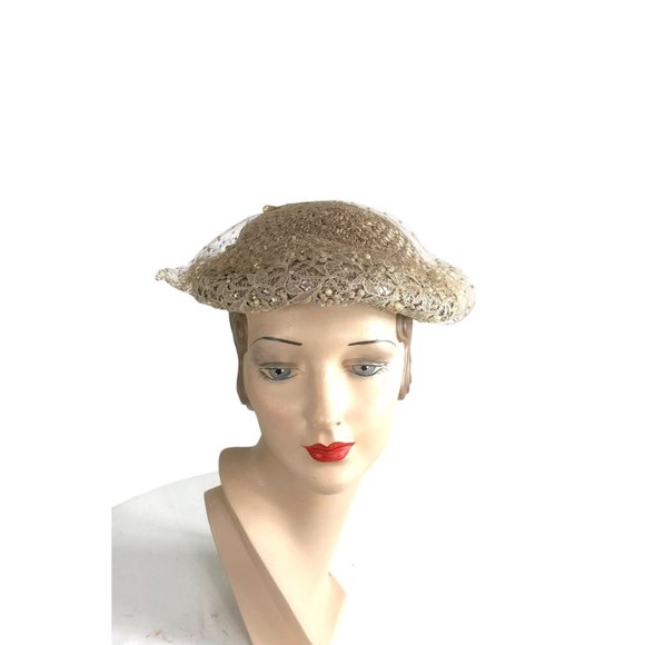 1950s straw hat blush pink with lace and pearls main image 4